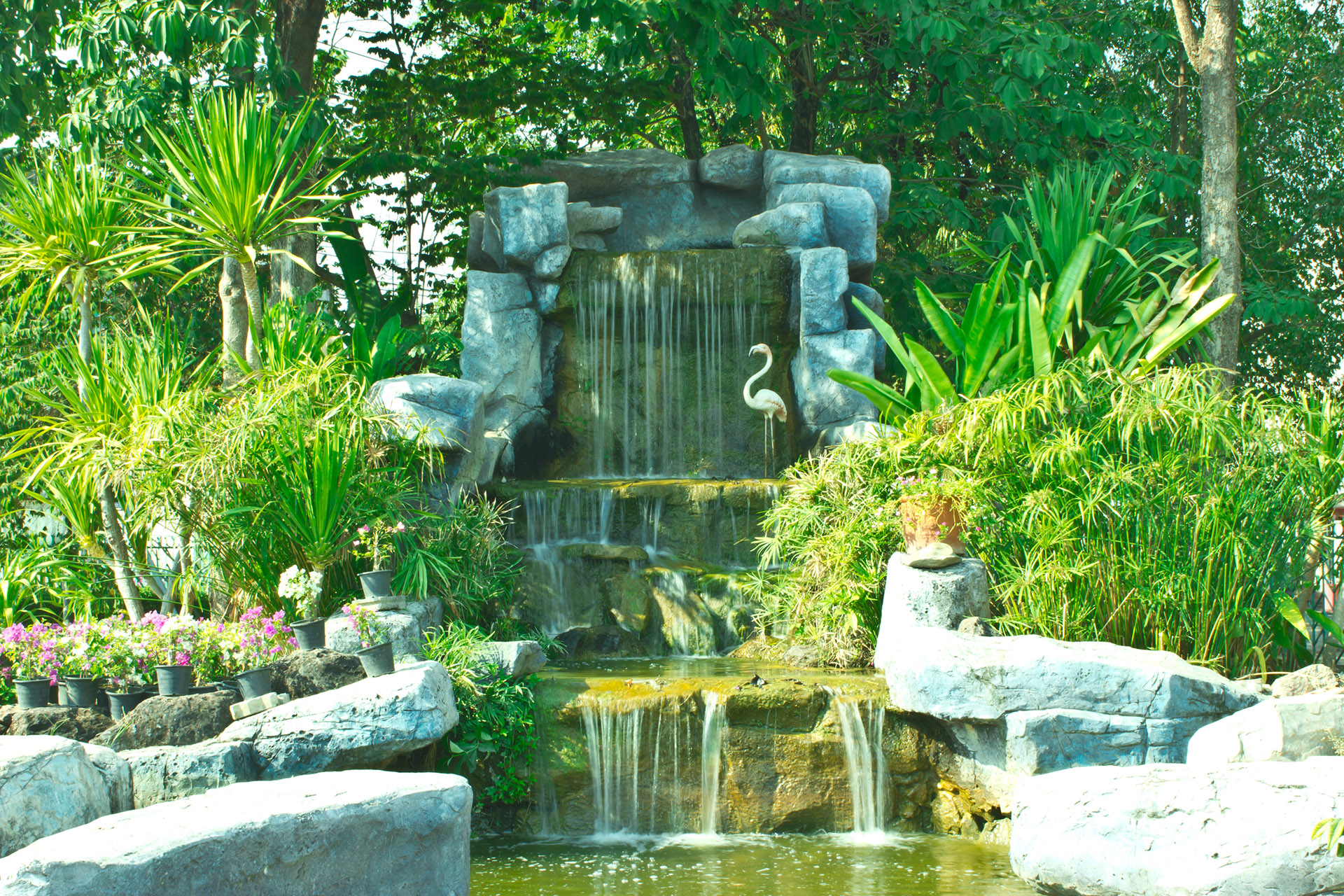 Green garden with waterfall